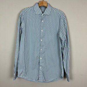 Bugatchi Uomo Dress Shirt Mens 16 34/35 Blue Green Striped Long Sleeve Button Up